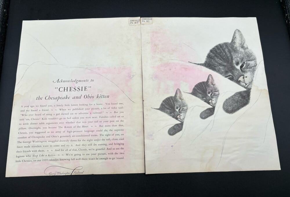 1935 C&O Railway CHESSIE Cat Kittens Chesapeake Ohio Railroad Advertising 2 Pc